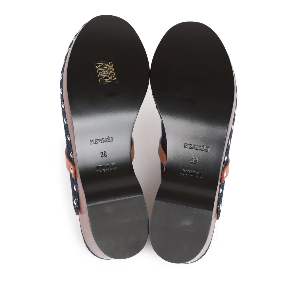 Hermes Carlotta Mule Bleu Brut Denim and Gold Calfskin 38