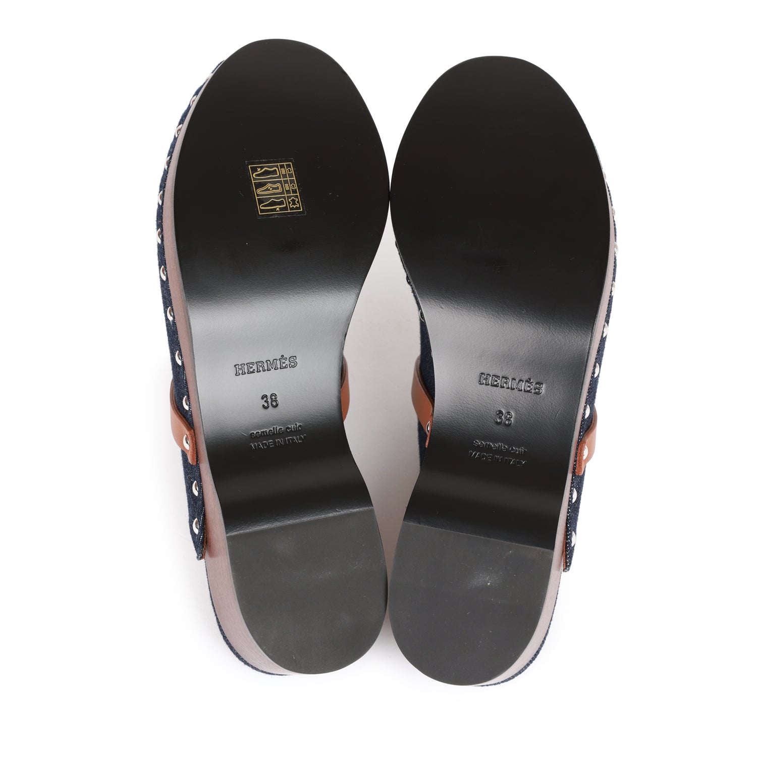 Hermes Carlotta Mule Bleu Brut Denim and Gold Calfskin 38