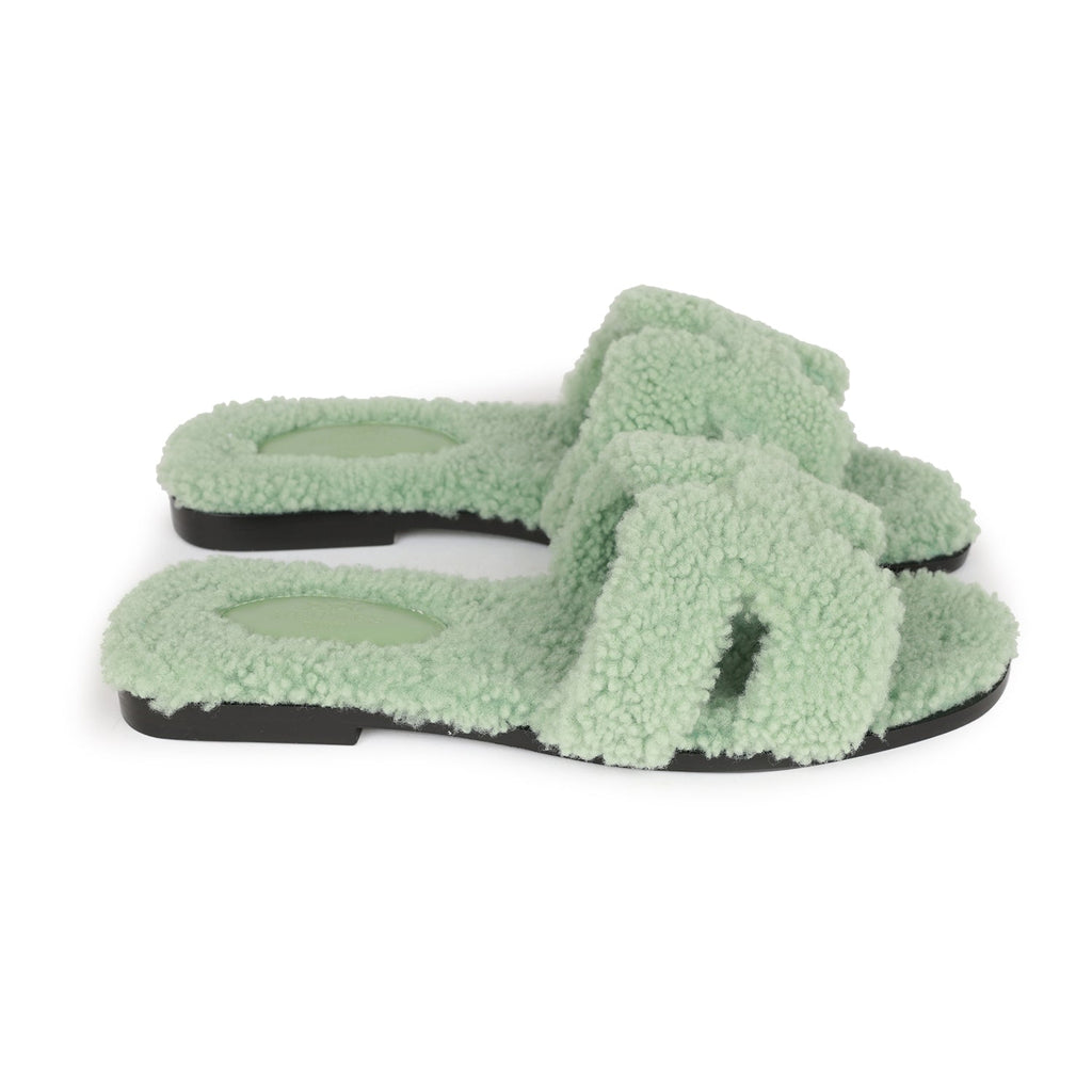Hermes Oran Sandals Vert D'eau Woolskin 36