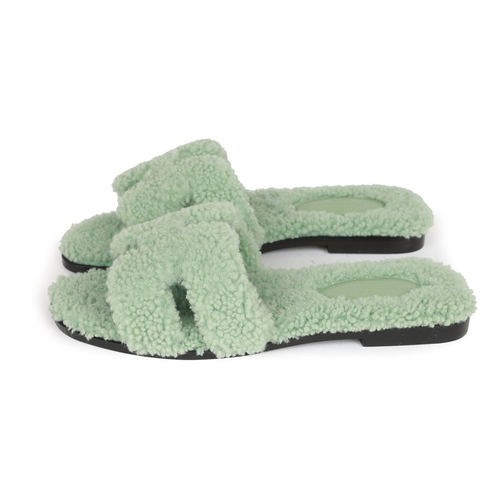 Hermes Oran Sandals Vert D'eau Woolskin 36