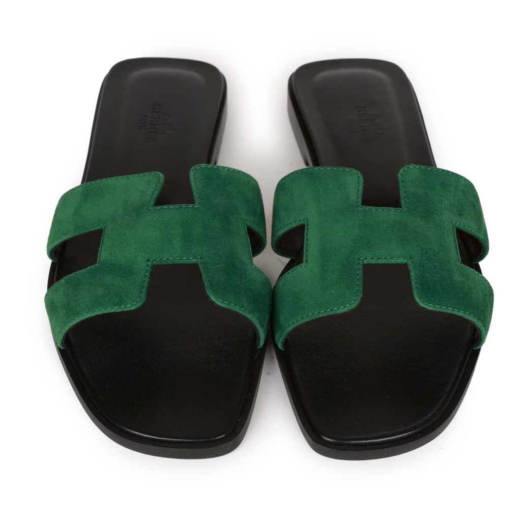 Hermes Oran Sandals Vert Electrique Suede 38