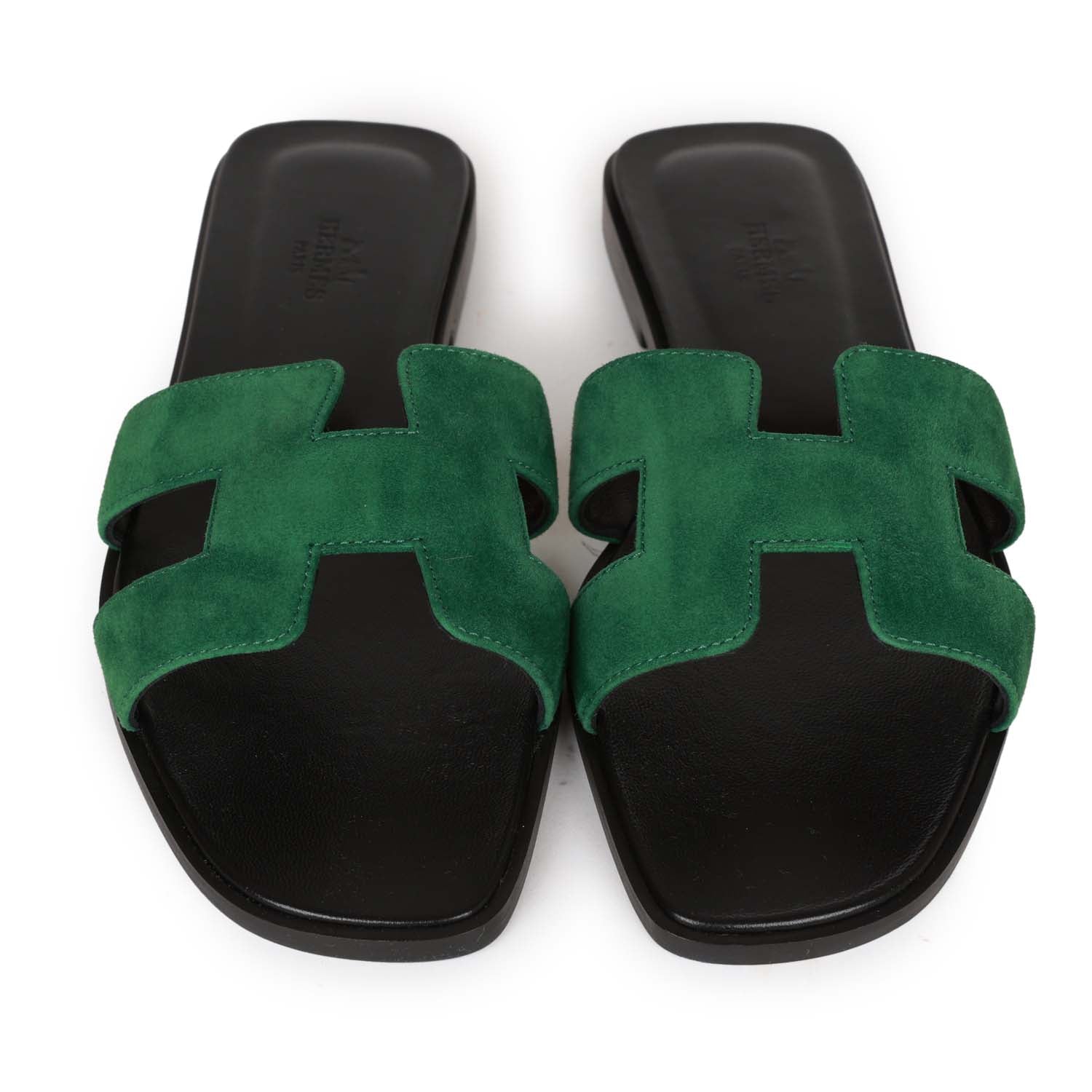 Hermes Oran Sandals Vert Electrique Suede 38