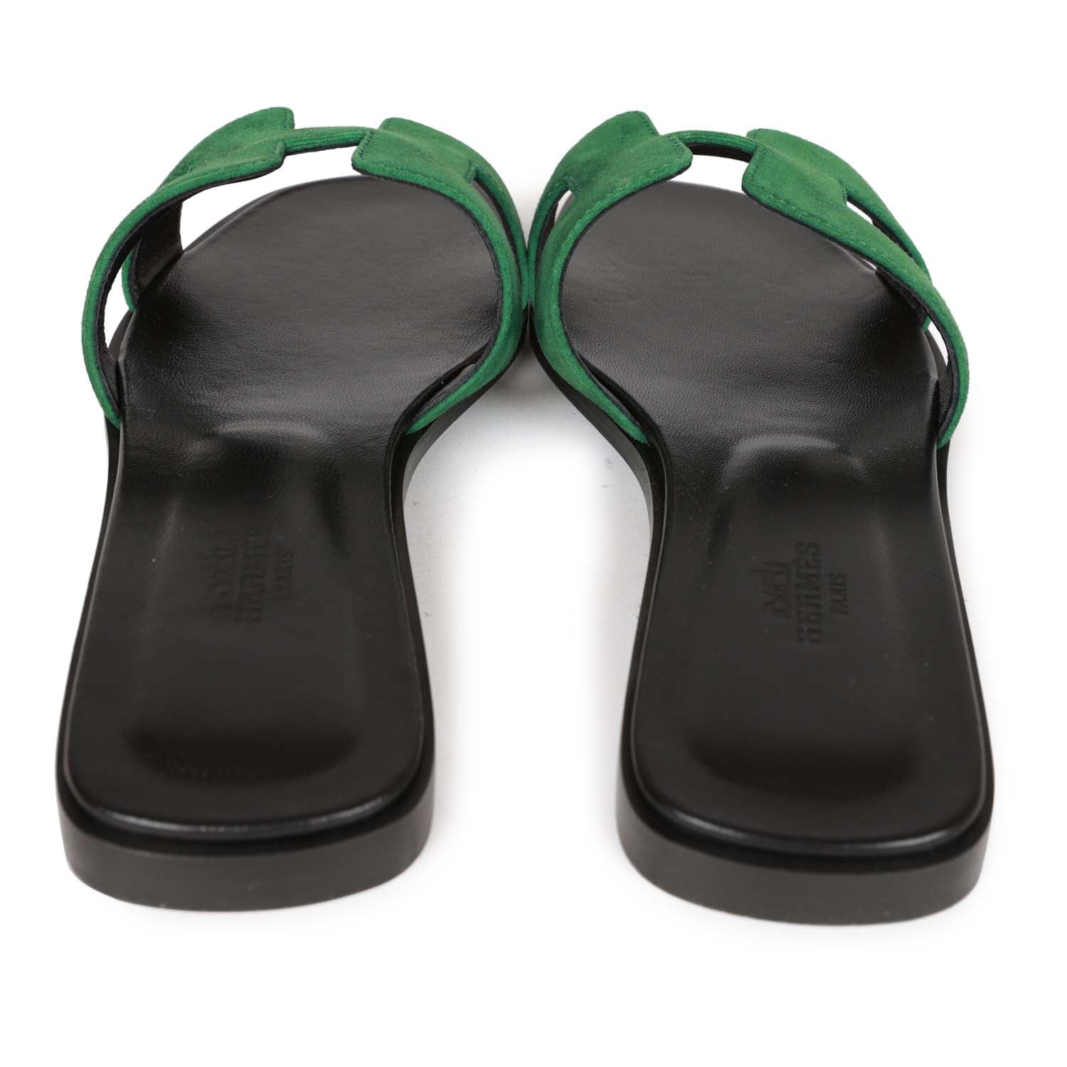 Hermes Oran Sandals Vert Electrique Suede 38