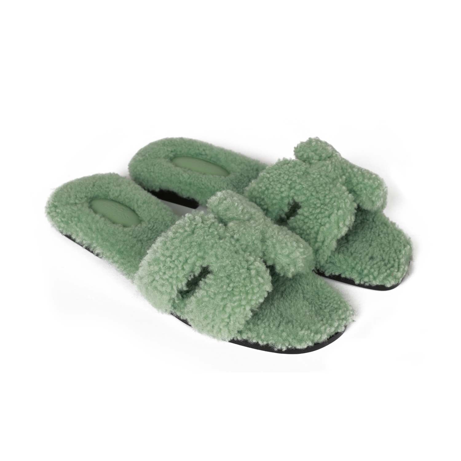 Hermes Oran Sandal Vert D'eau Shearling 38.5 EU