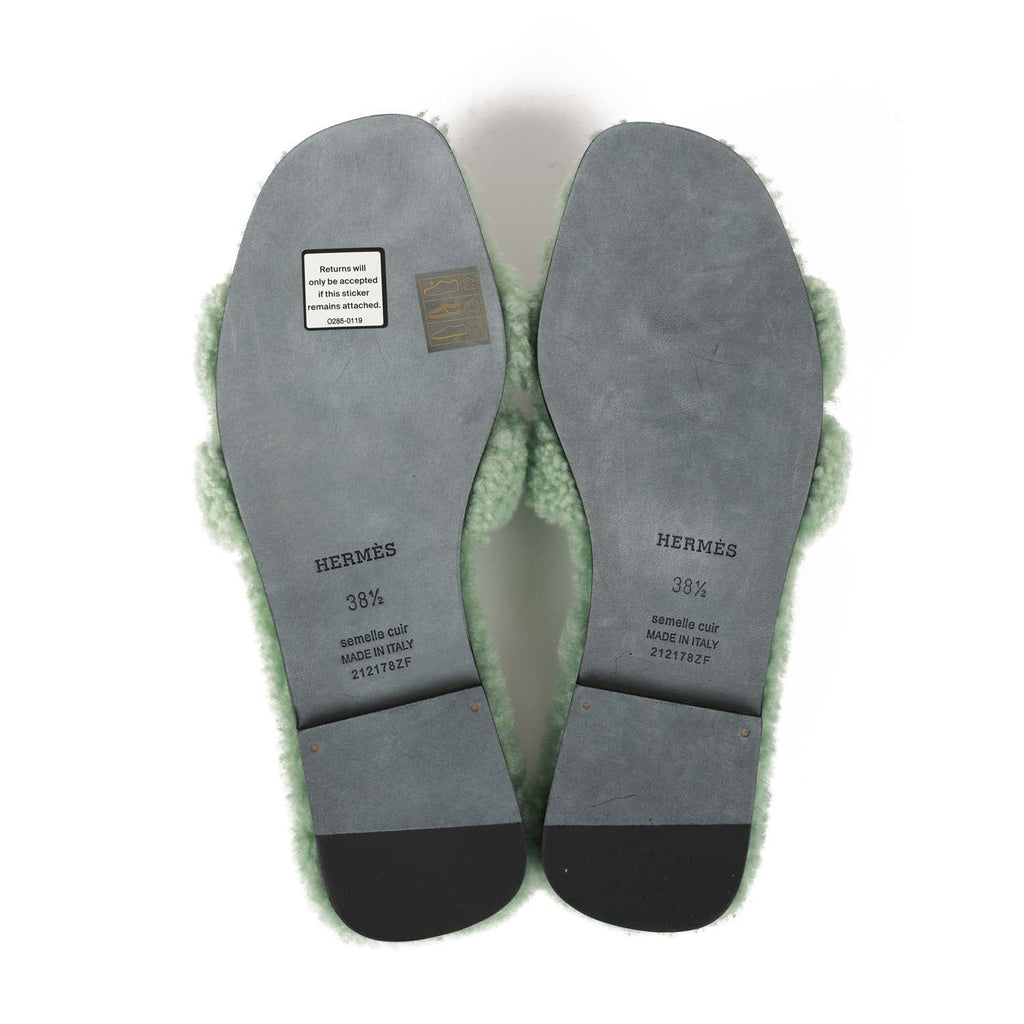 Hermes Oran Sandal Vert D'eau Shearling 38.5 EU
