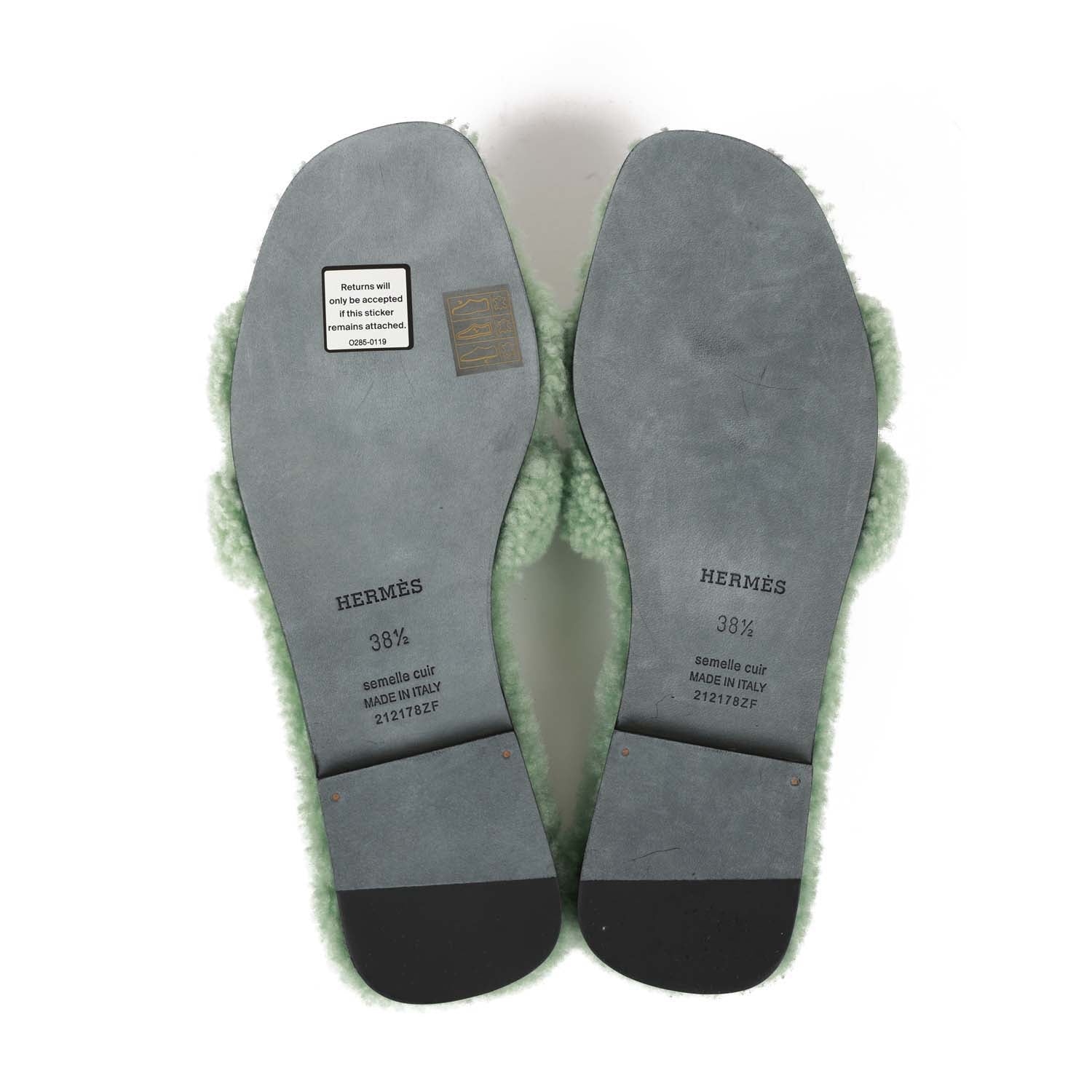 Hermes Oran Sandal Vert D'eau Shearling 38.5 EU
