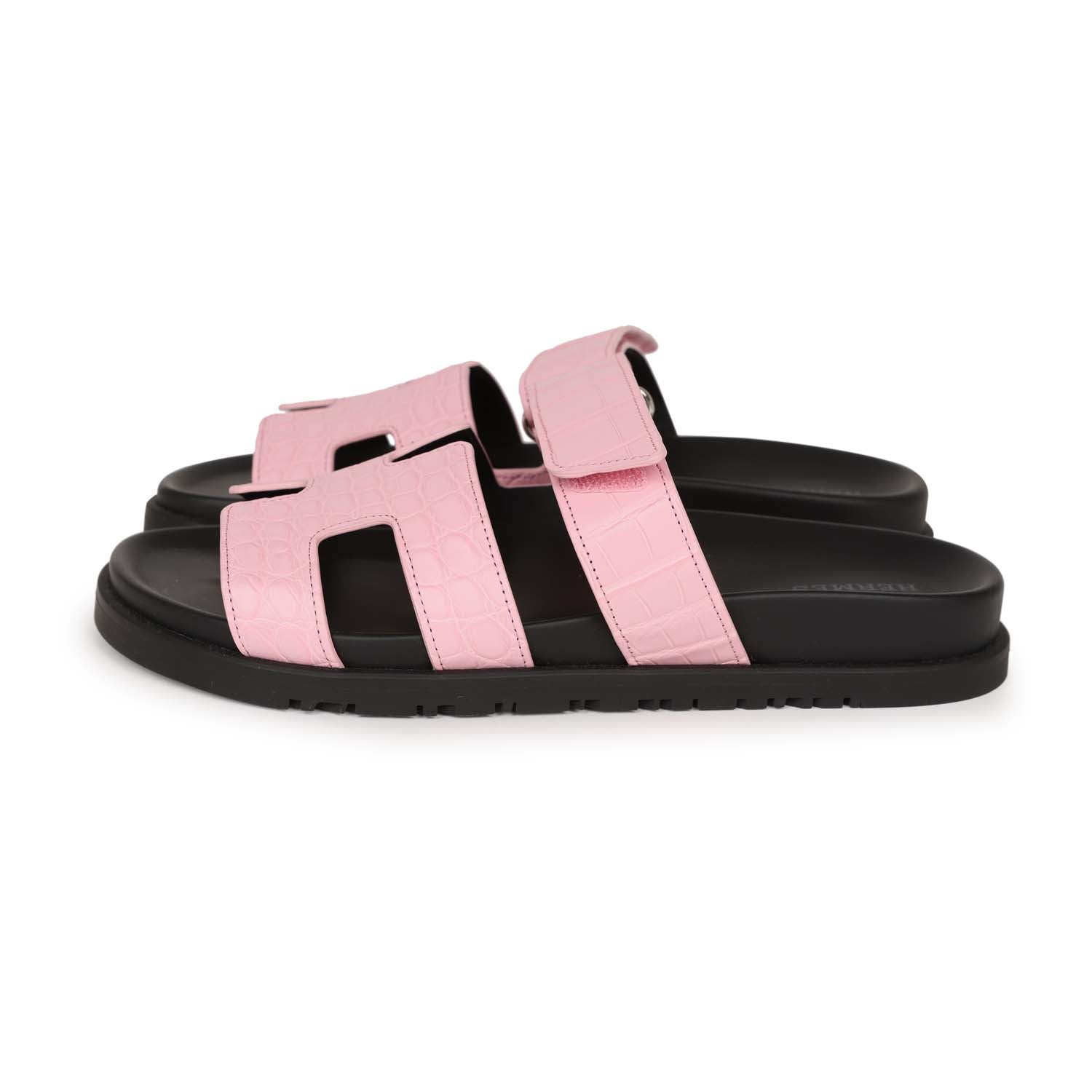 Hermes Chypre Techno Sandals Pink Matte Alligator Palladium Hardware 38 EU