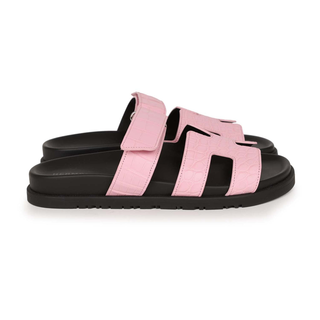 Hermes Chypre Techno Sandals Pink Matte Alligator Palladium Hardware 38 EU