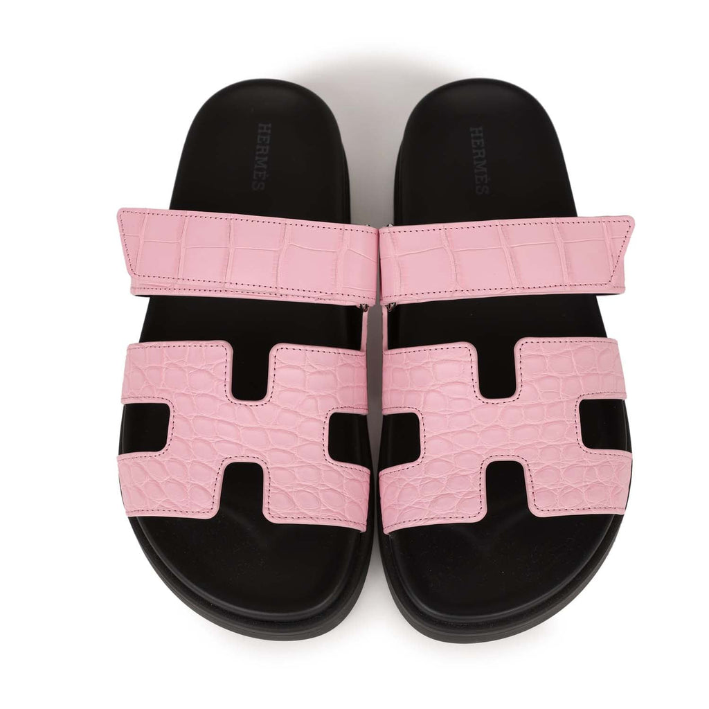 Hermes Chypre Techno Sandals Pink Matte Alligator Palladium Hardware 38 EU