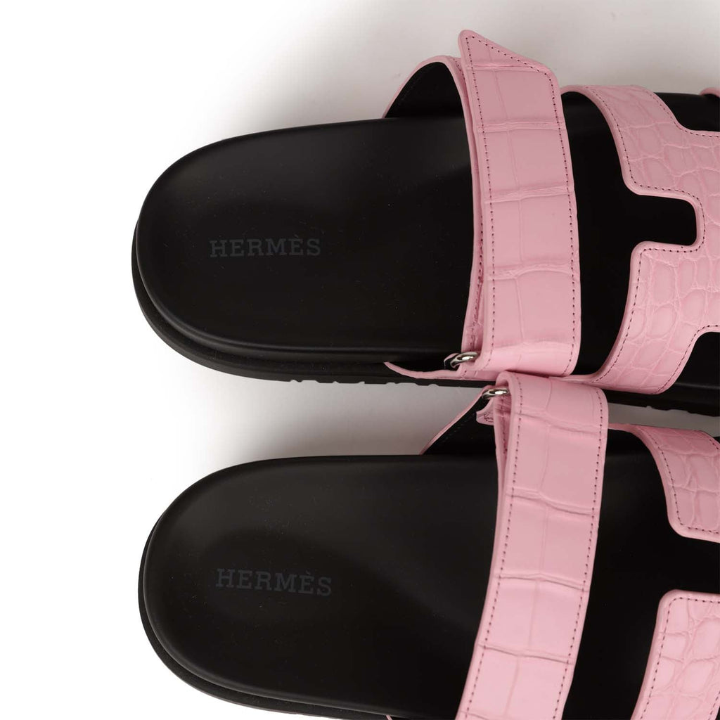 Hermes Chypre Techno Sandals Pink Matte Alligator Palladium Hardware 38 EU