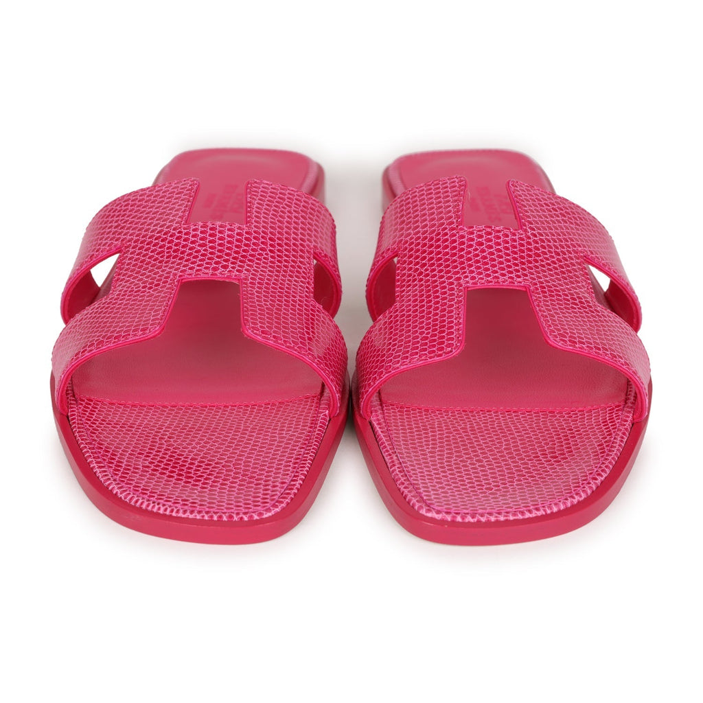 Hermes Oran Sandals Rose Flash Lizard 38.5 EU