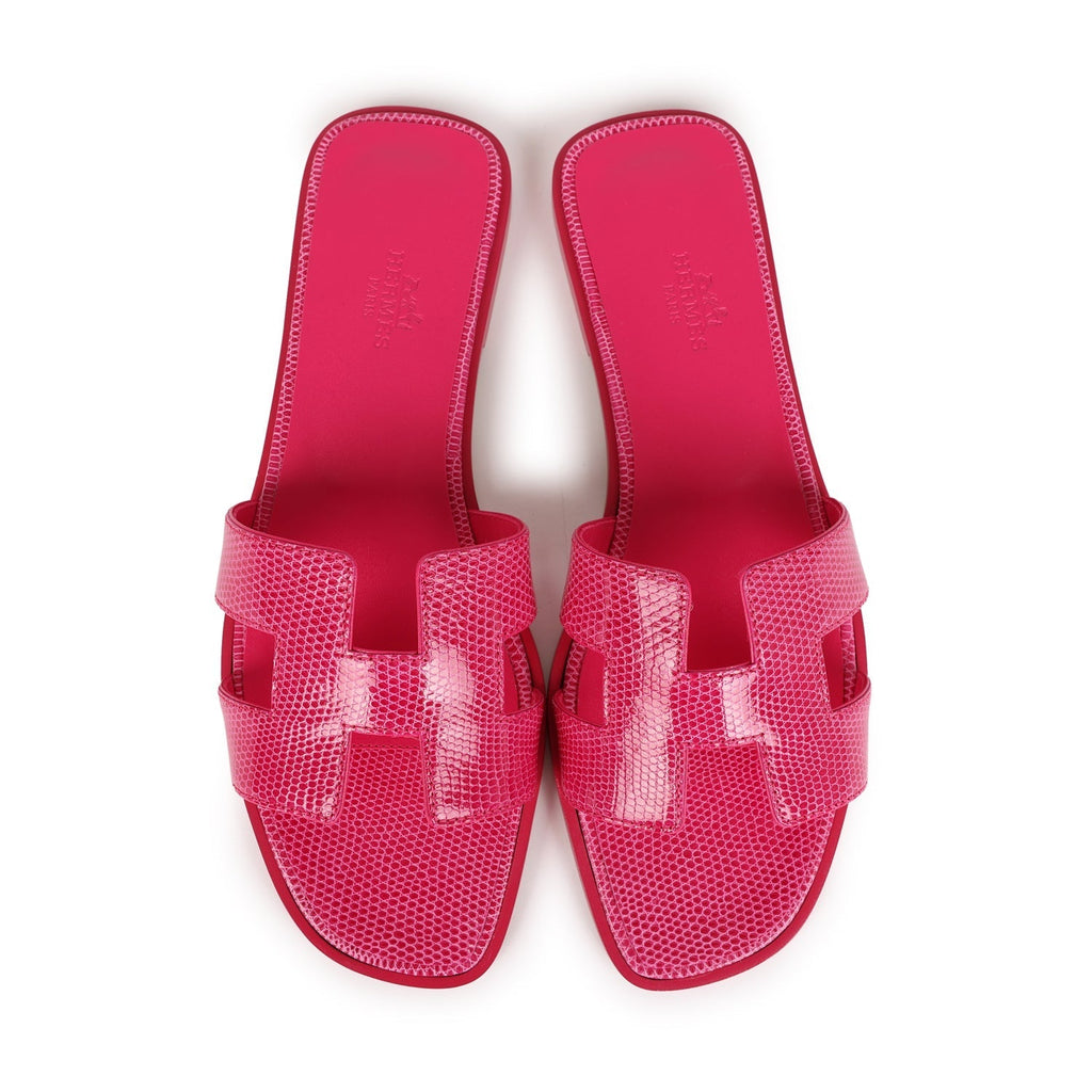 Hermes Oran Sandals Rose Flash Lizard 38.5 EU