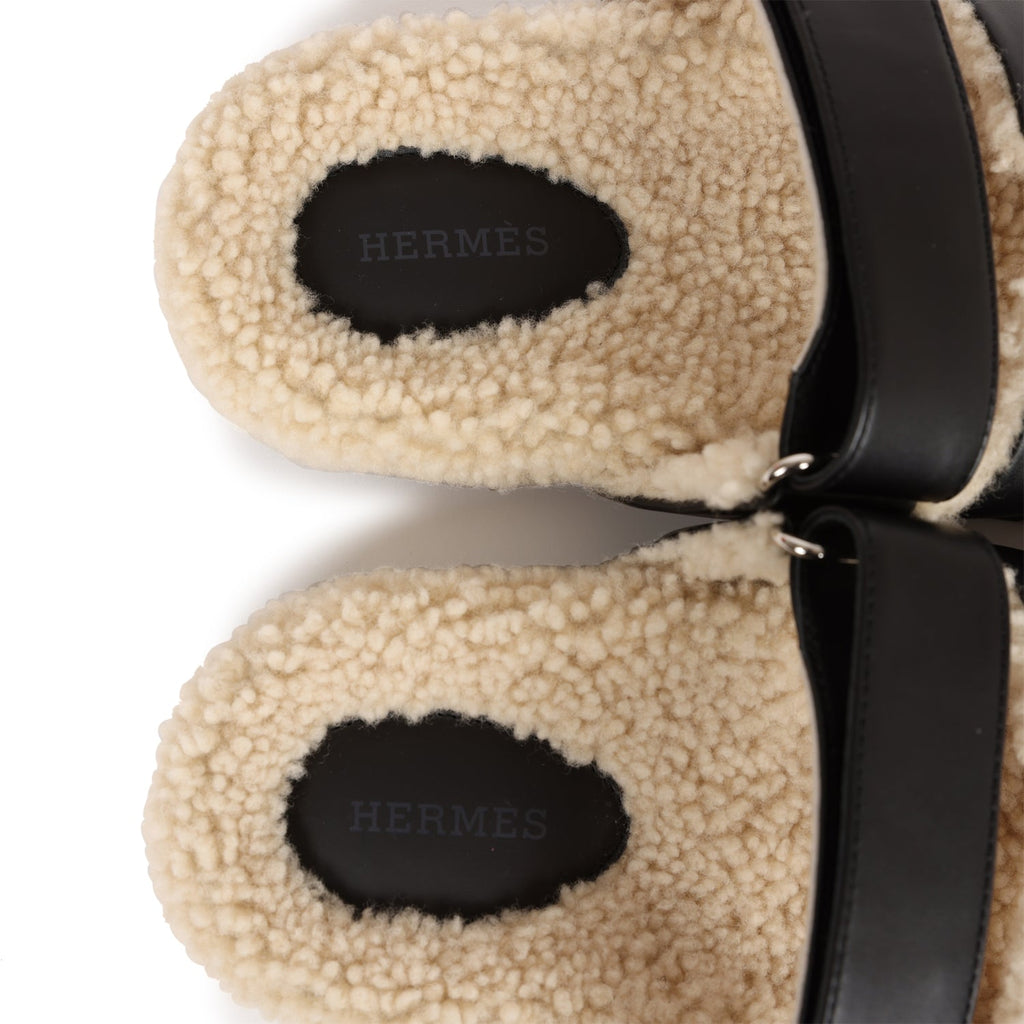 Hermes Chypre Techno Sandals Black and Ecru Shearling Palladium Hardware 37