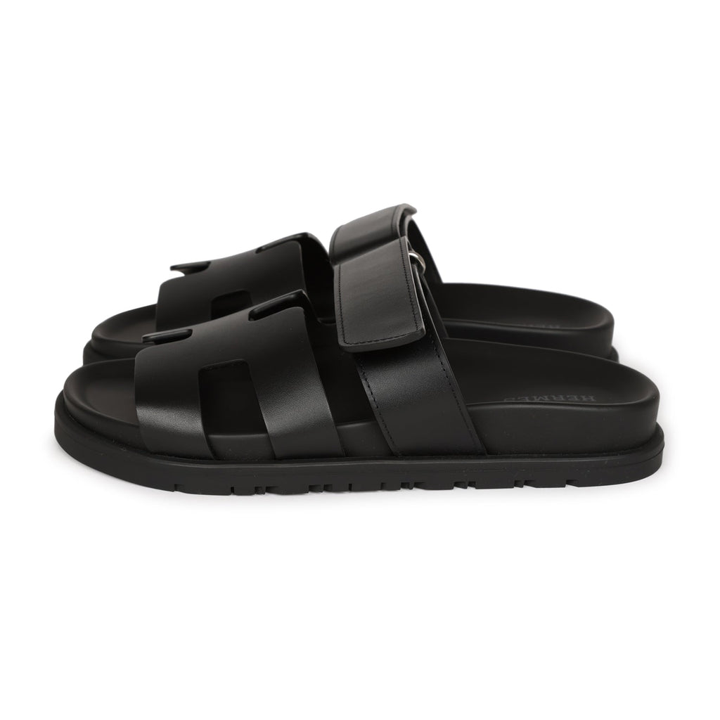 Hermes Chypre Sandals Black Calfskin Palladium Hardware 34.5 EU