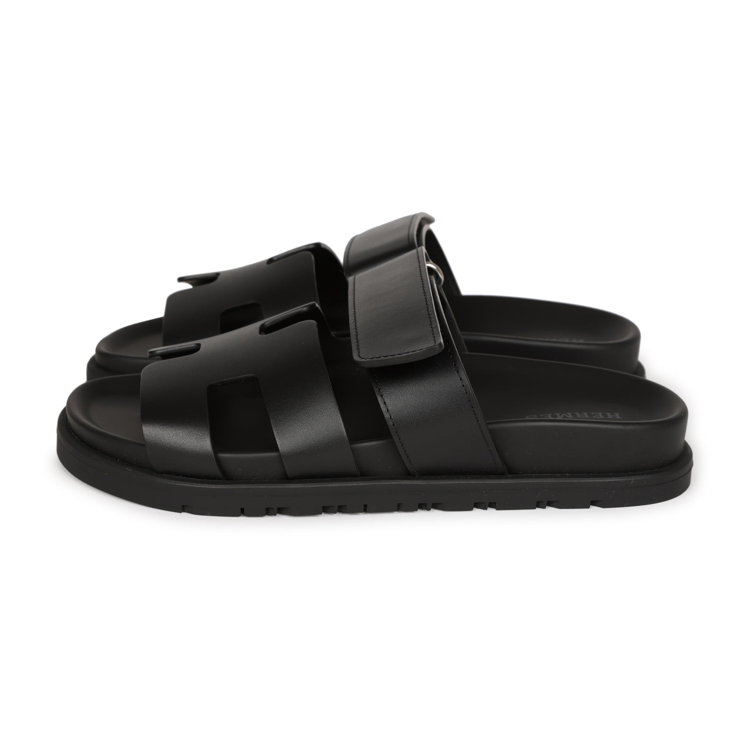 Hermes Chypre Sandals Black Calfskin Palladium Hardware 34.5 EU
