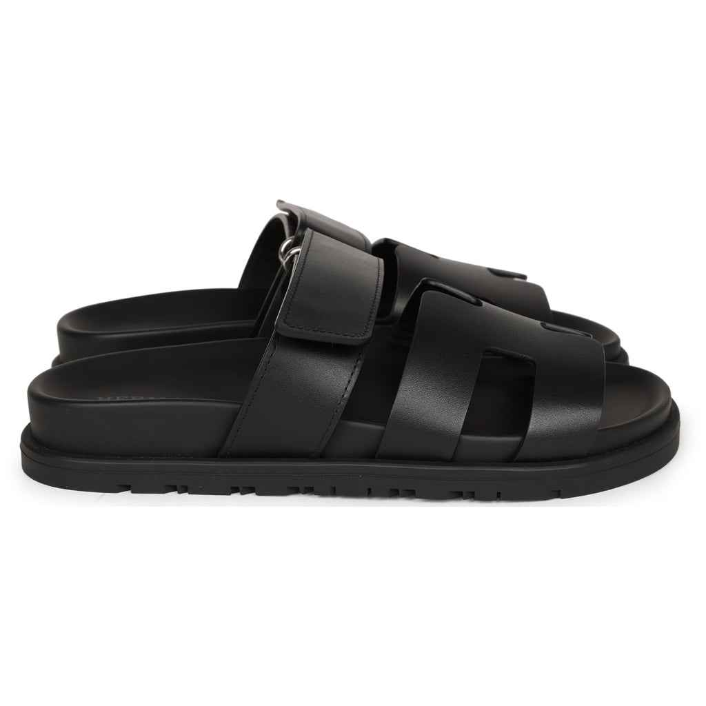 Hermes Chypre Sandals Black Calfskin Palladium Hardware 34.5 EU