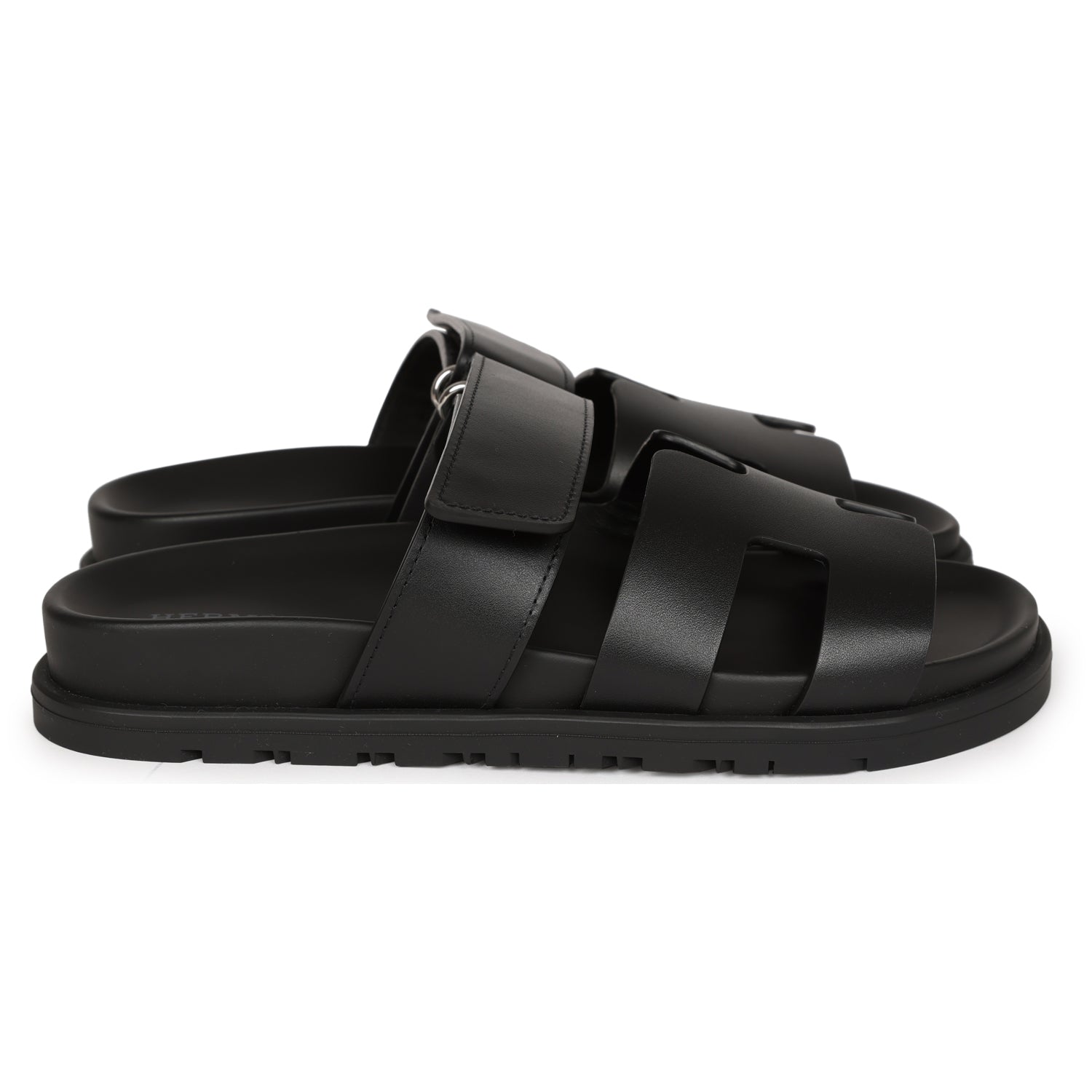 Hermes Chypre Sandals Black Calfskin Palladium Hardware 34.5 EU