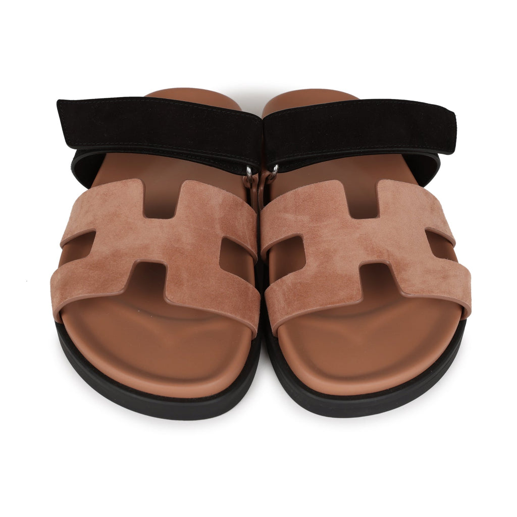 Hermes Chypre Techno Sandal Ve Rose Perle/Black Suede 38.5 EU