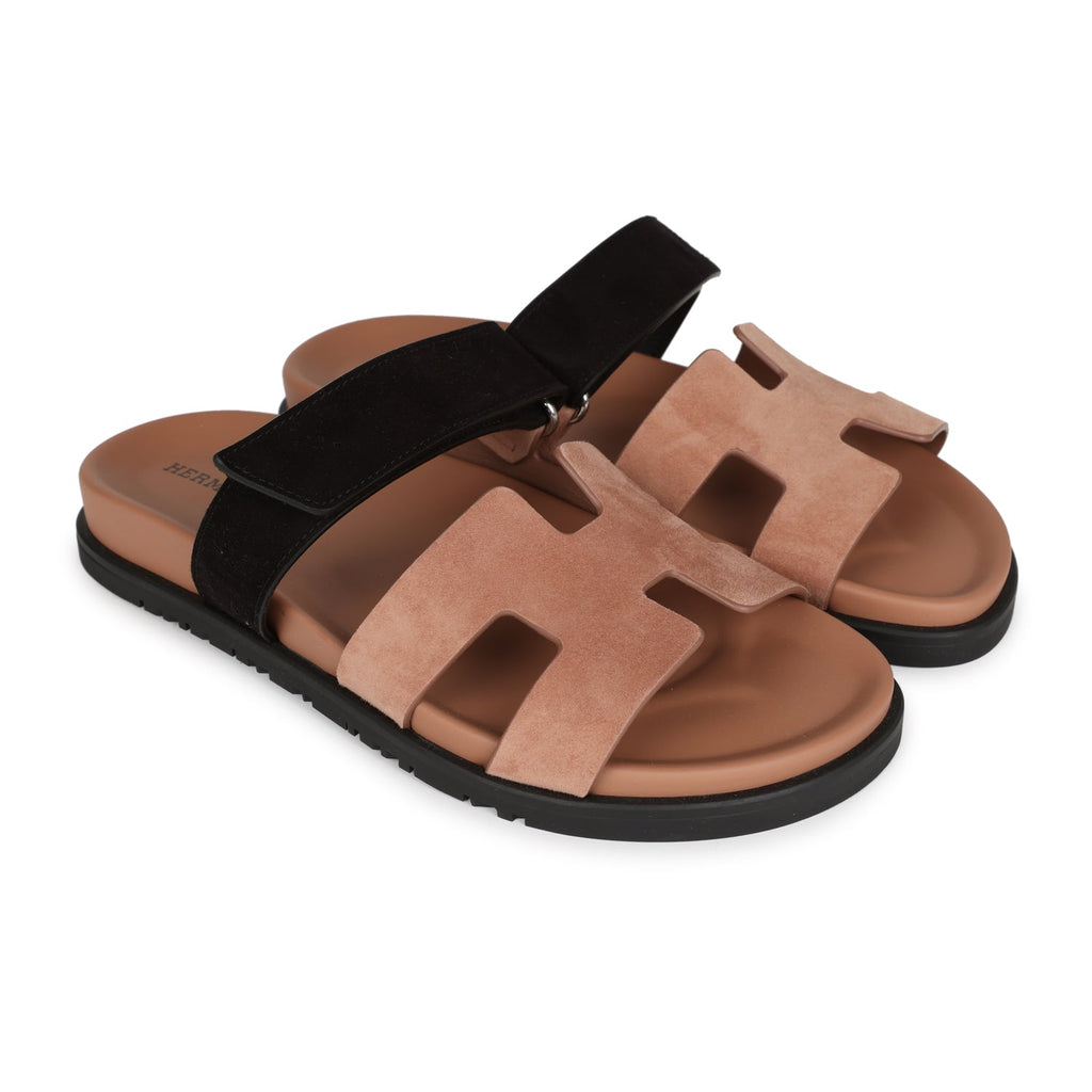 Hermes Chypre Techno Sandal Ve Rose Perle/Black Suede 38.5 EU