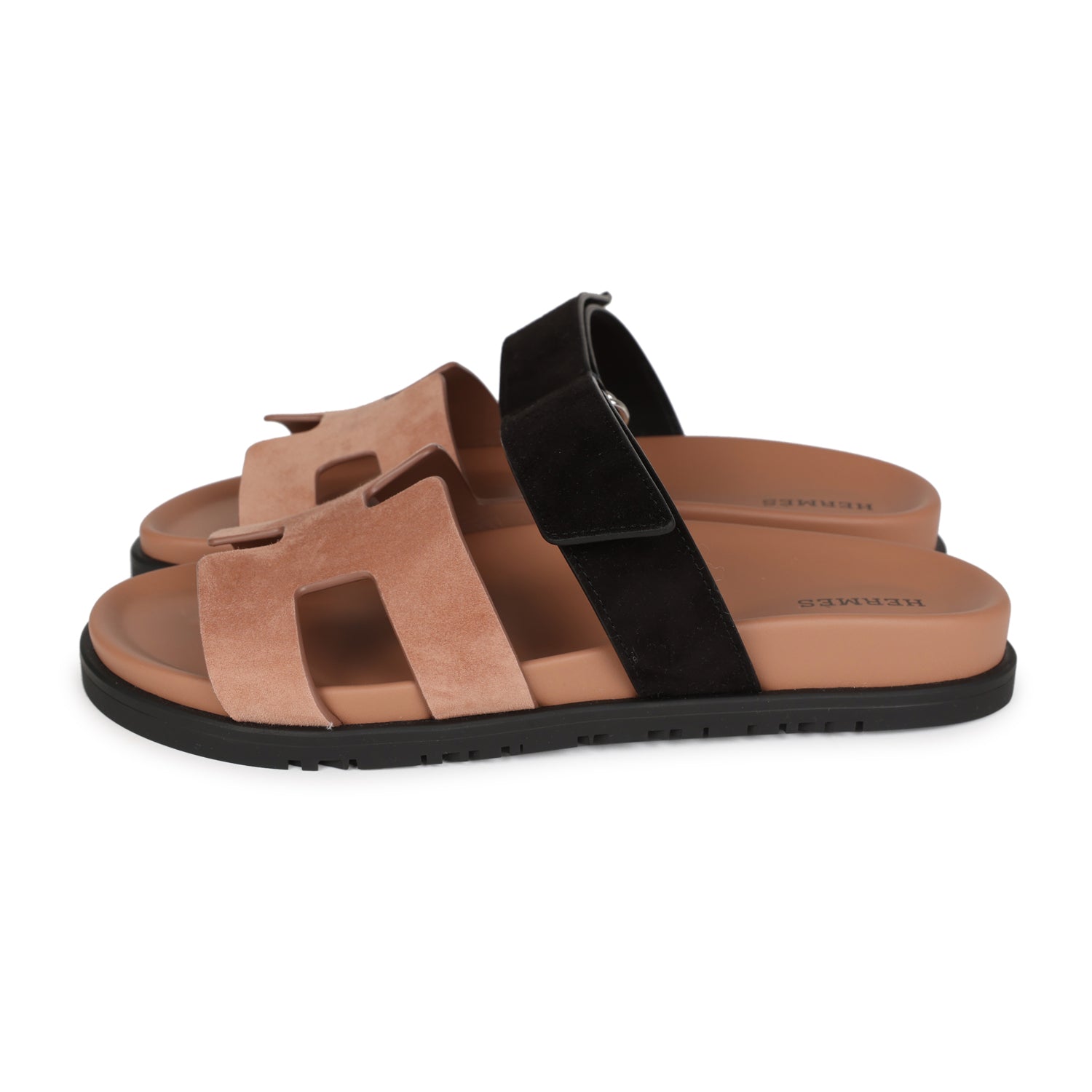 Hermes Chypre Techno Sandal Ve Rose Perle/Black Suede 38.5 EU