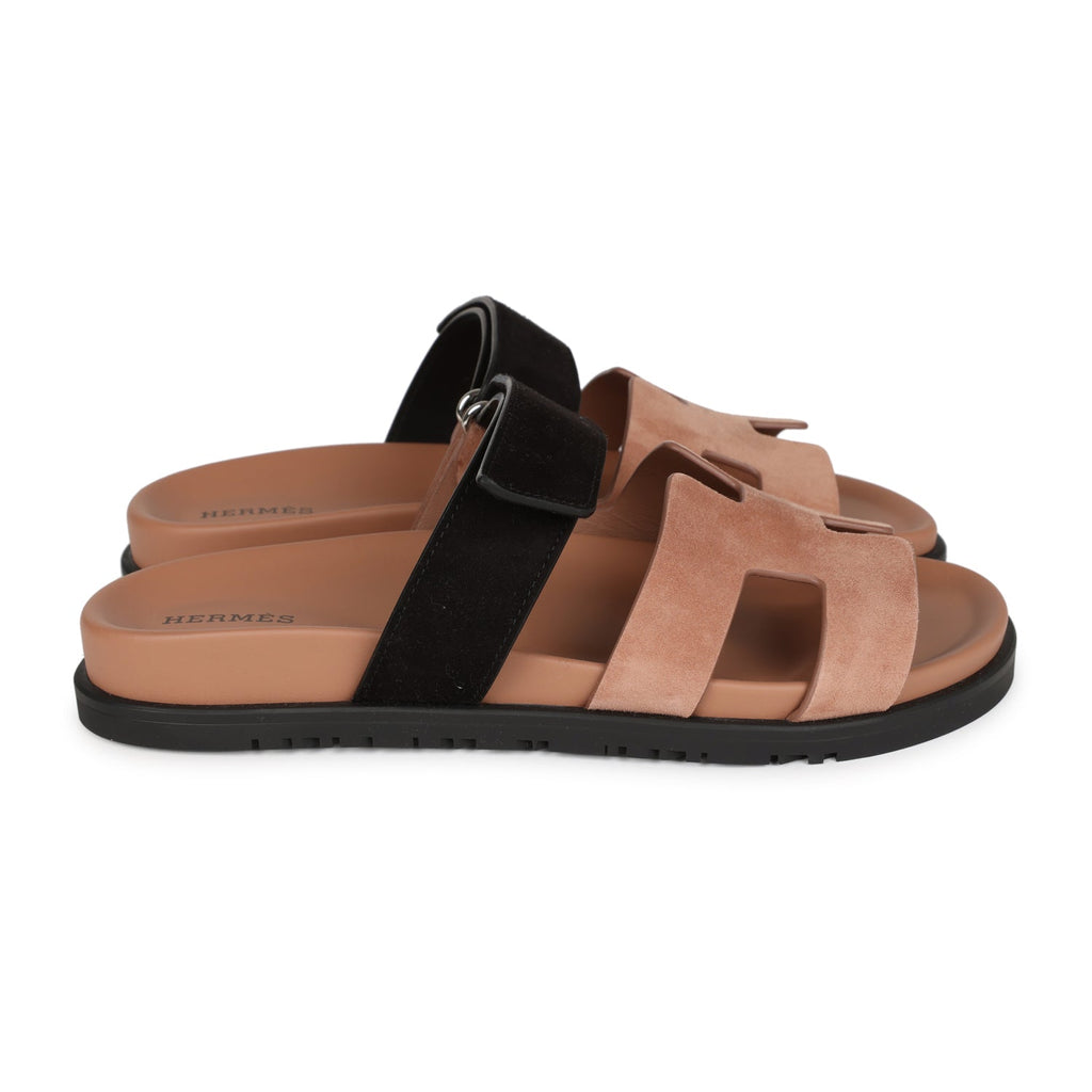 Hermes Chypre Techno Sandal Ve Rose Perle/Black Suede 38.5 EU