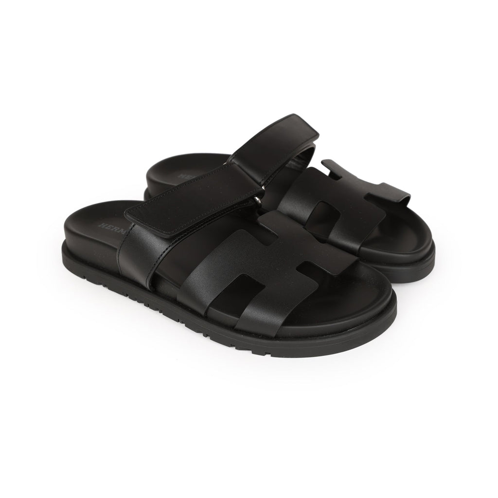 Hermes Chypre Sandals Black Calfskin Palladium Hardware 35 EU