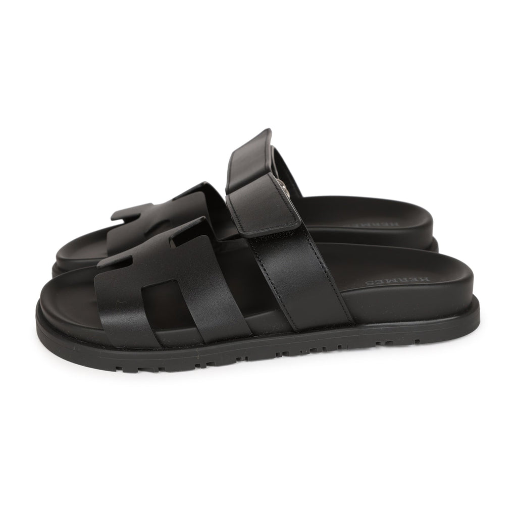 Hermes Chypre Sandals Black Calfskin Palladium Hardware 35 EU