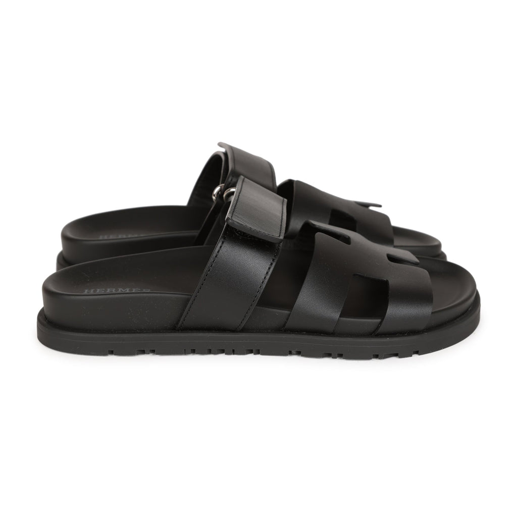 Hermes Chypre Sandals Black Calfskin Palladium Hardware 35 EU