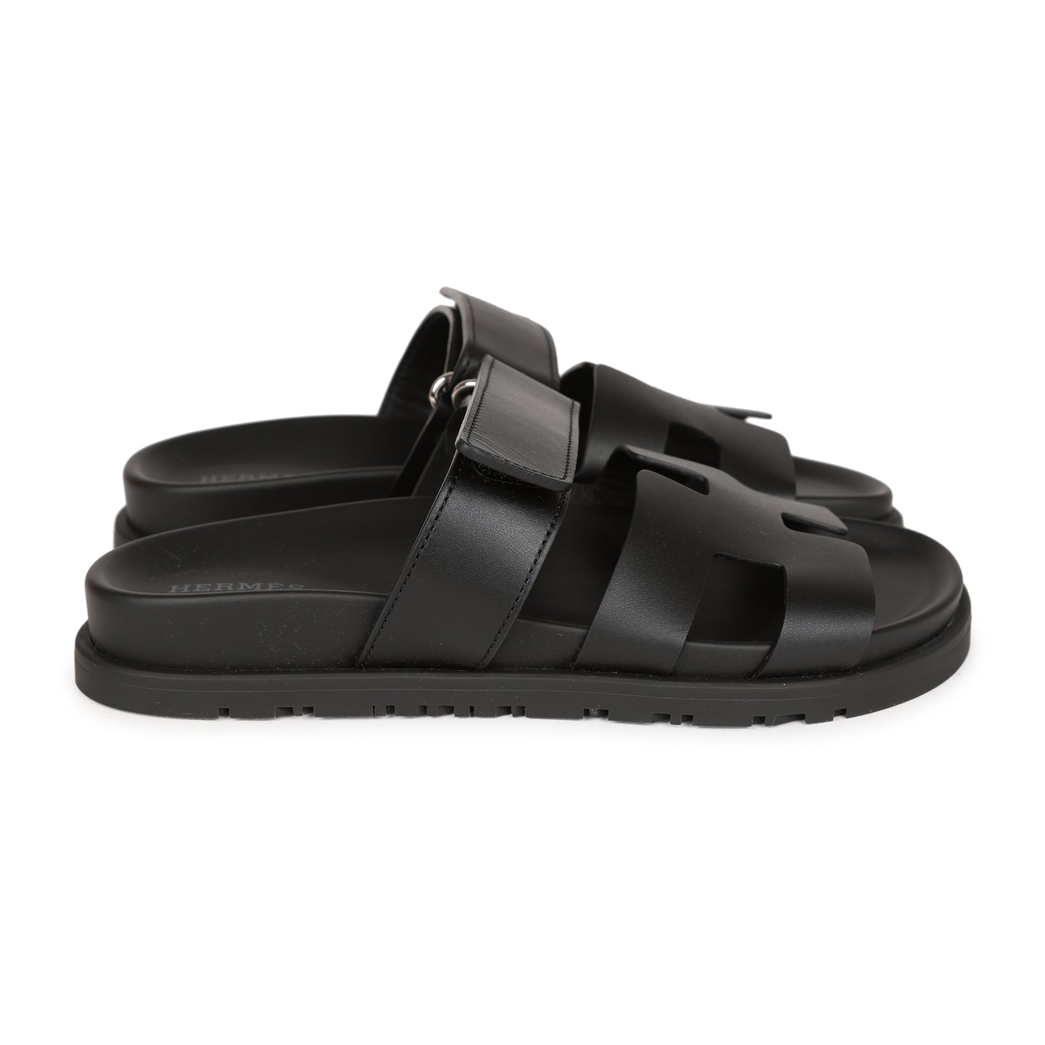 Hermes Chypre Sandals Black Calfskin Palladium Hardware 35 EU