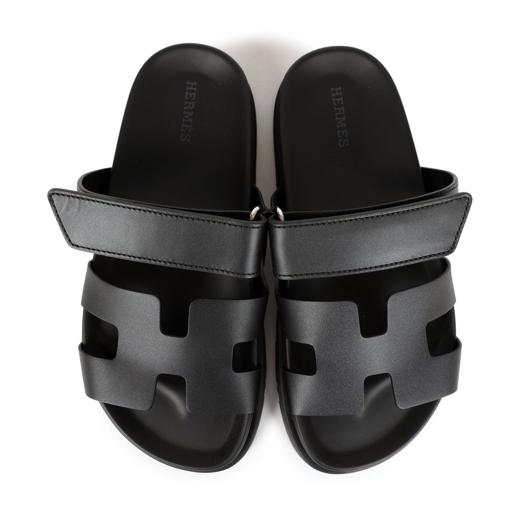 Hermes Chypre Sandals Black Calfskin Palladium Hardware 35 EU