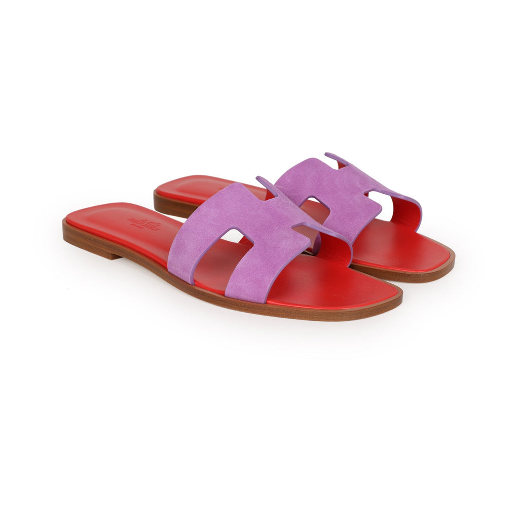 Hermes Oran Sandal Violet Parme and Red Suede Goatskin 38.5 EU