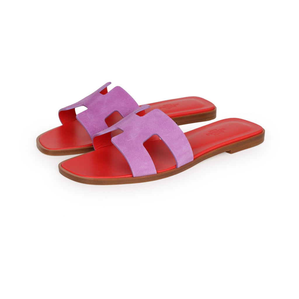 Hermes Oran Sandal Violet Parme and Red Suede Goatskin 38.5 EU