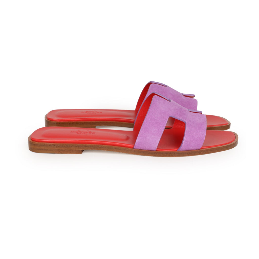 Hermes Oran Sandal Violet Parme and Red Suede Goatskin 38.5 EU