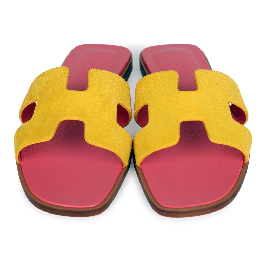 Hermes Oran Sandal Jaune Sable and Rose Azalee Suede Goatskin 37.5 EU