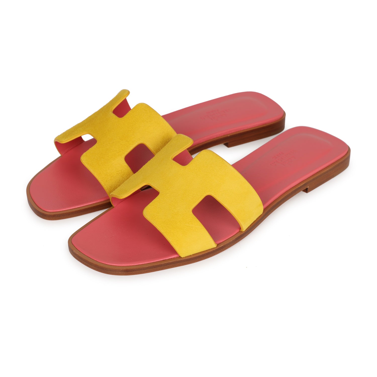Hermes Oran Sandal Jaune Sable and Rose Azalee Suede Goatskin 37.5 EU