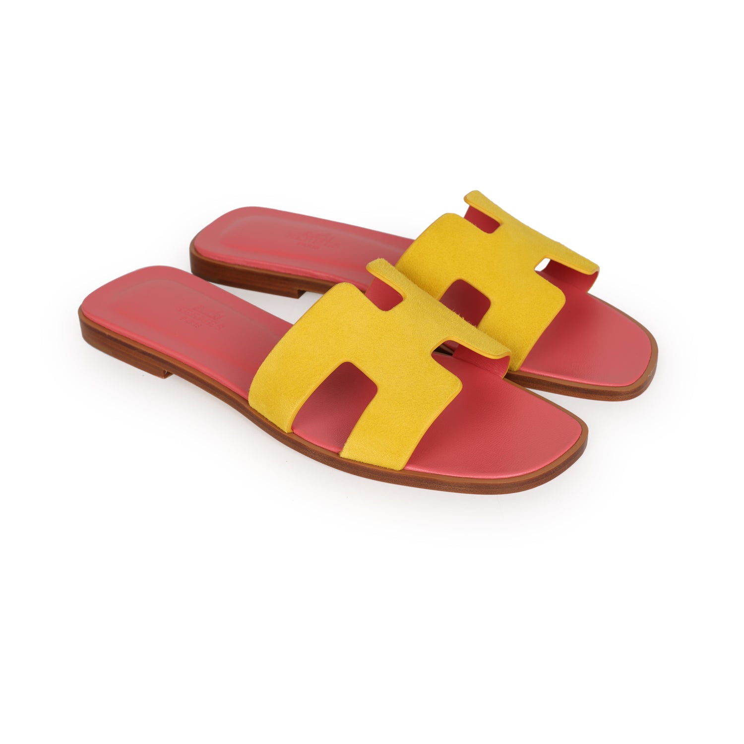 Hermes Oran Sandal Jaune Sable and Rose Azalee Suede Goatskin 37.5 EU