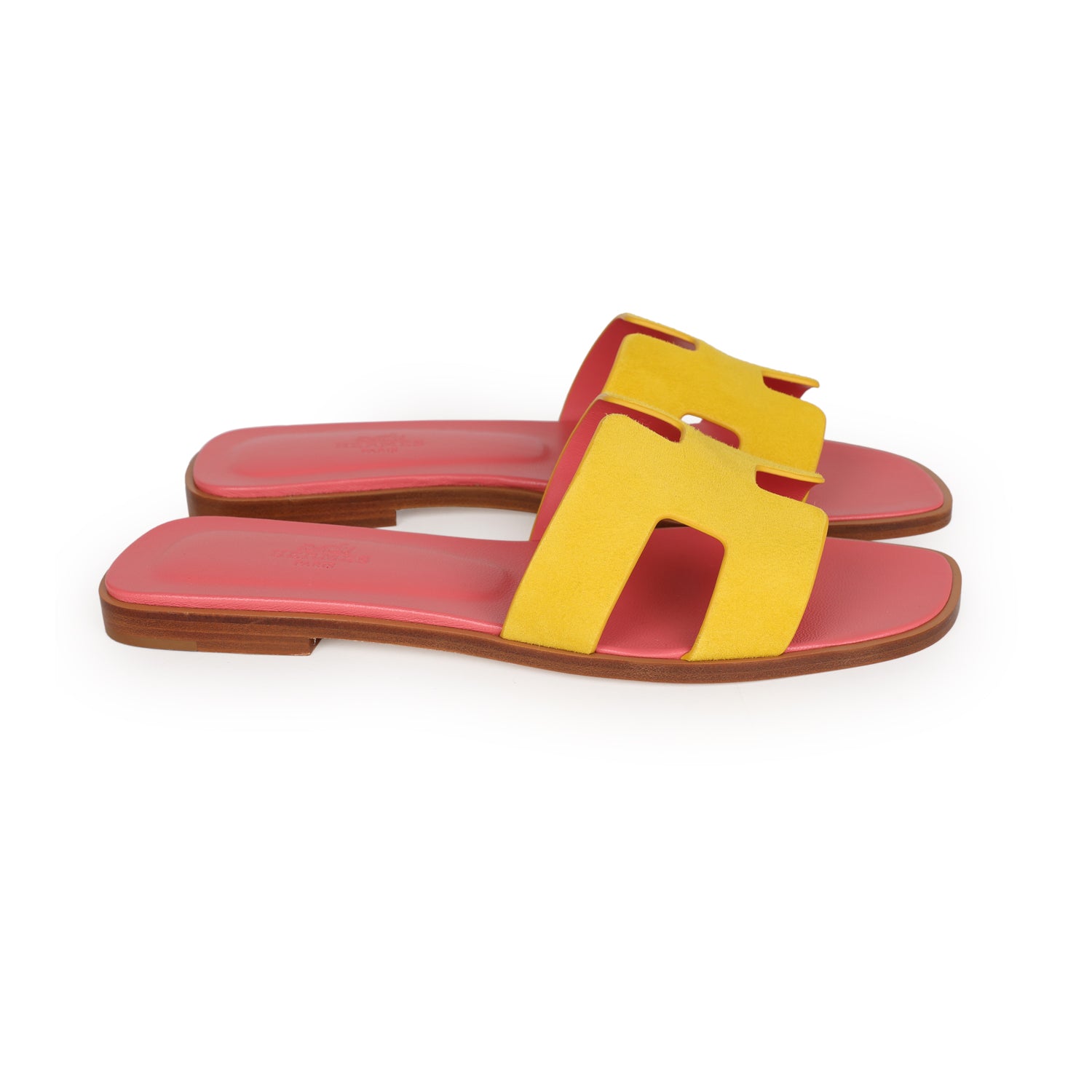 Hermes Oran Sandal Jaune Sable and Rose Azalee Suede Goatskin 37.5 EU
