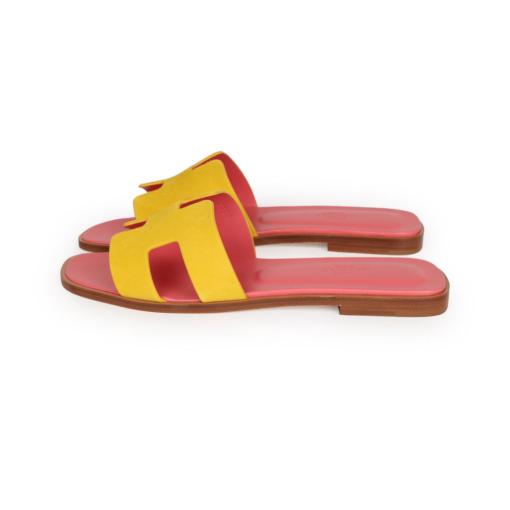 Hermes Oran Sandal Jaune Sable and Rose Azalee Suede Goatskin 37.5 EU