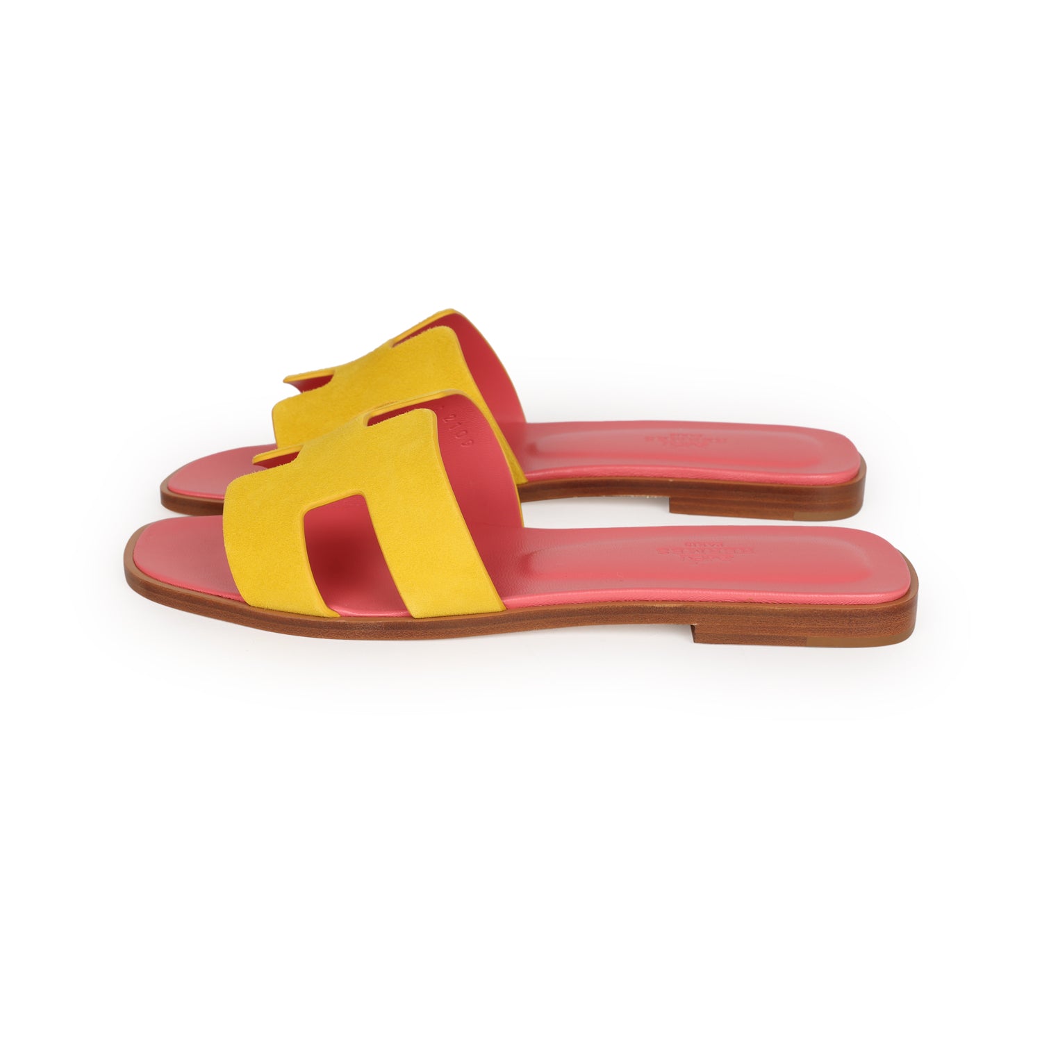 Hermes Oran Sandal Jaune Sable and Rose Azalee Suede Goatskin 37.5 EU