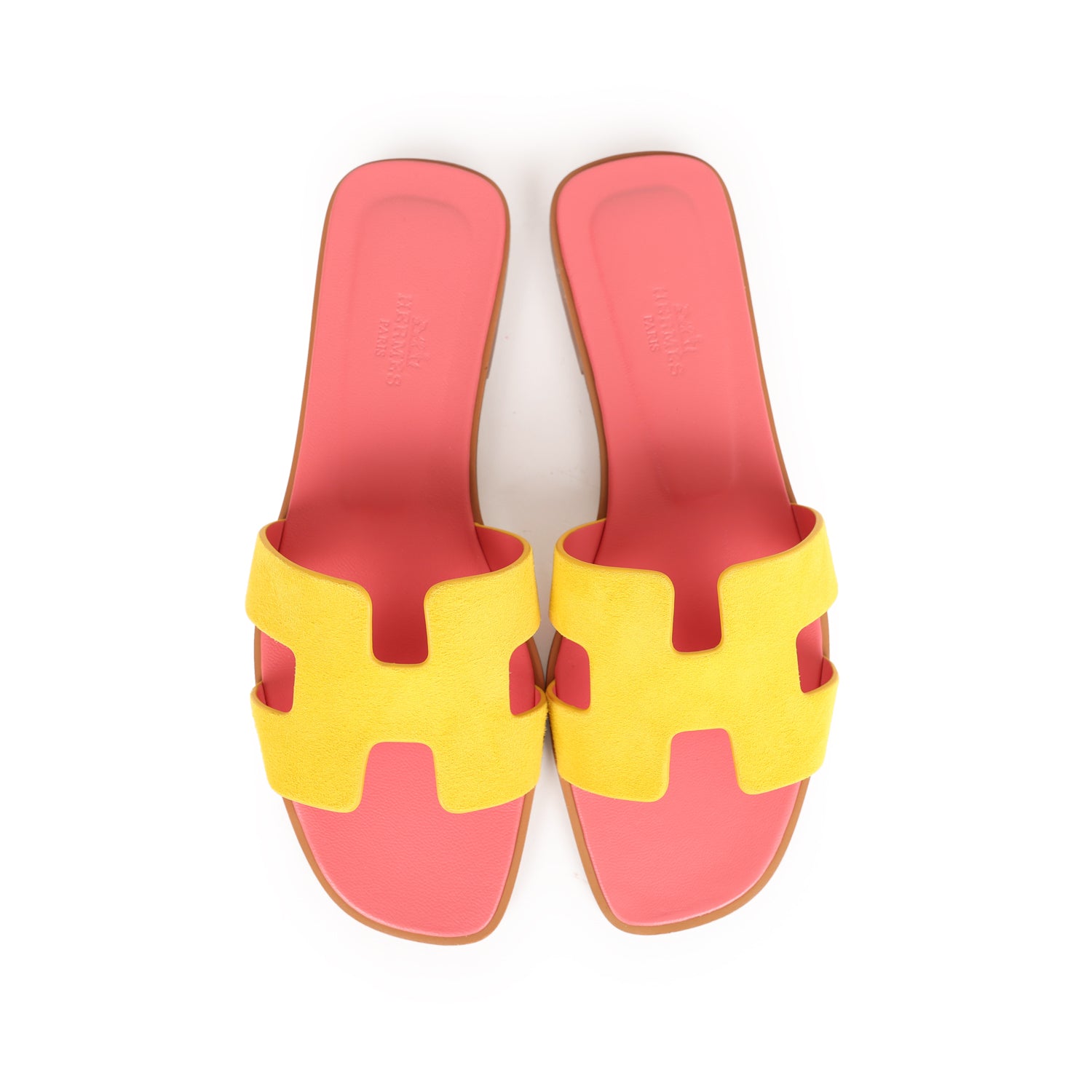 Hermes Oran Sandal Jaune Sable and Rose Azalee Suede Goatskin 37.5 EU