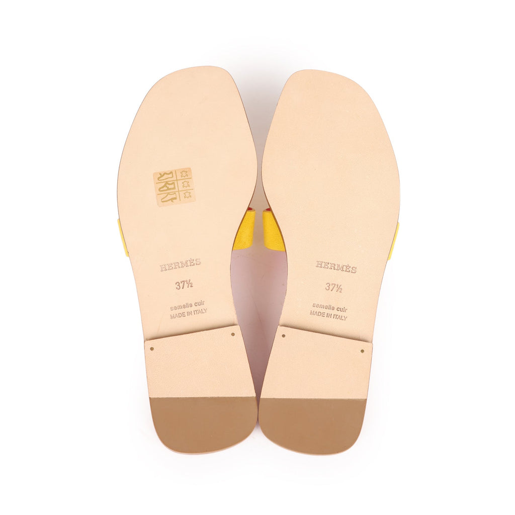 Hermes Oran Sandal Jaune Sable and Rose Azalee Suede Goatskin 37.5 EU