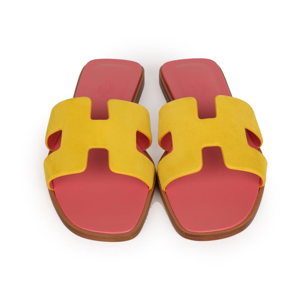 Hermes Oran Sandal Jaune Sable and Rose Azalee Suede Goatskin 38.5 EU