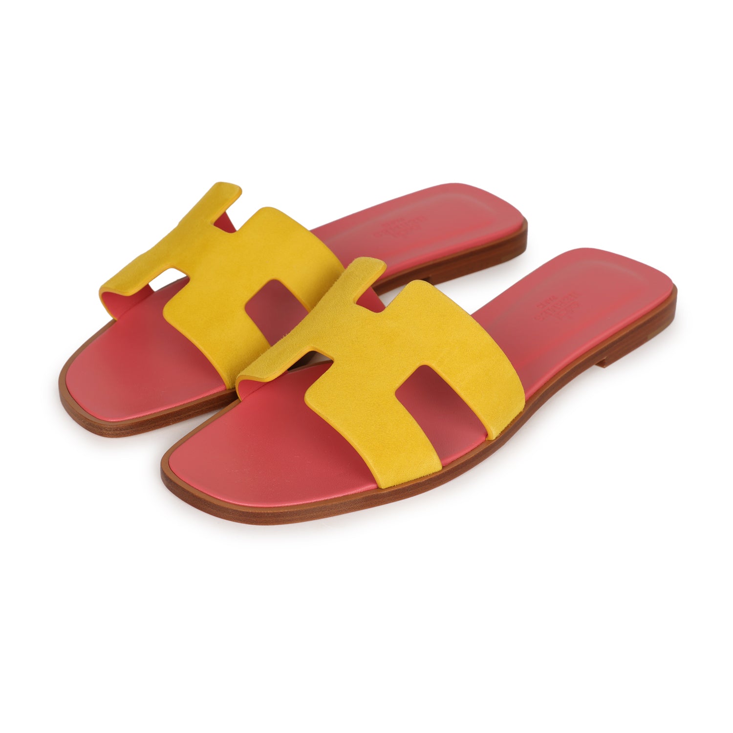 Hermes Oran Sandal Jaune Sable and Rose Azalee Suede Goatskin 38.5 EU