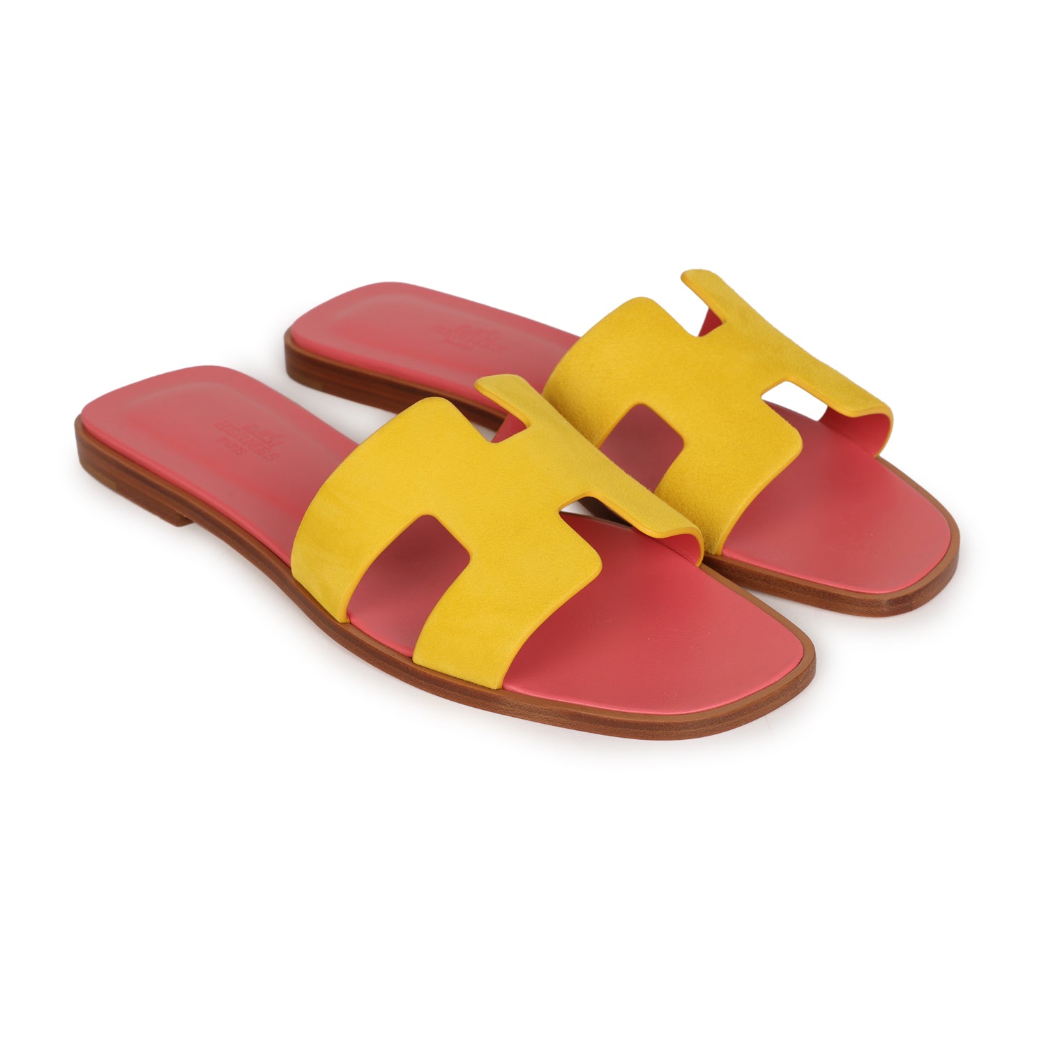 Hermes Oran Sandal Jaune Sable and Rose Azalee Suede Goatskin 38.5 EU