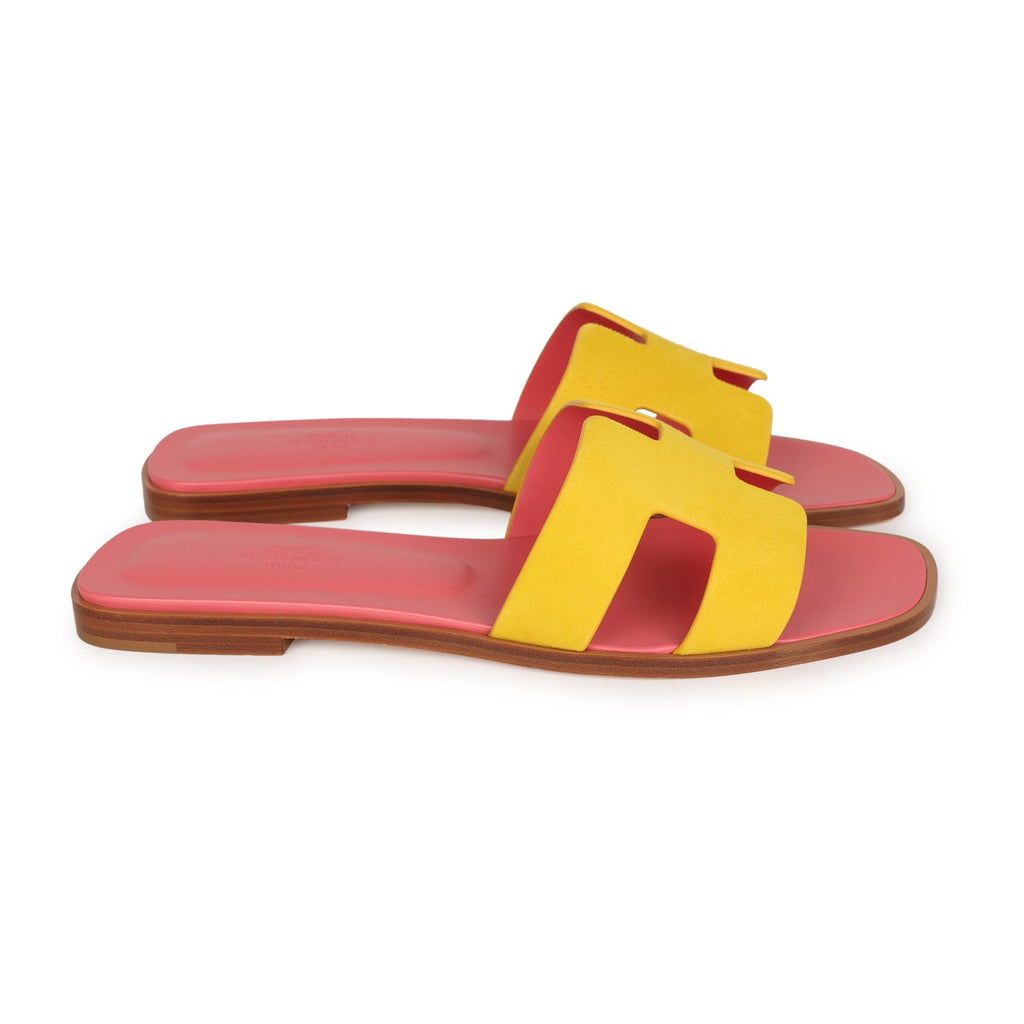 Hermes Oran Sandal Jaune Sable and Rose Azalee Suede Goatskin 38.5 EU