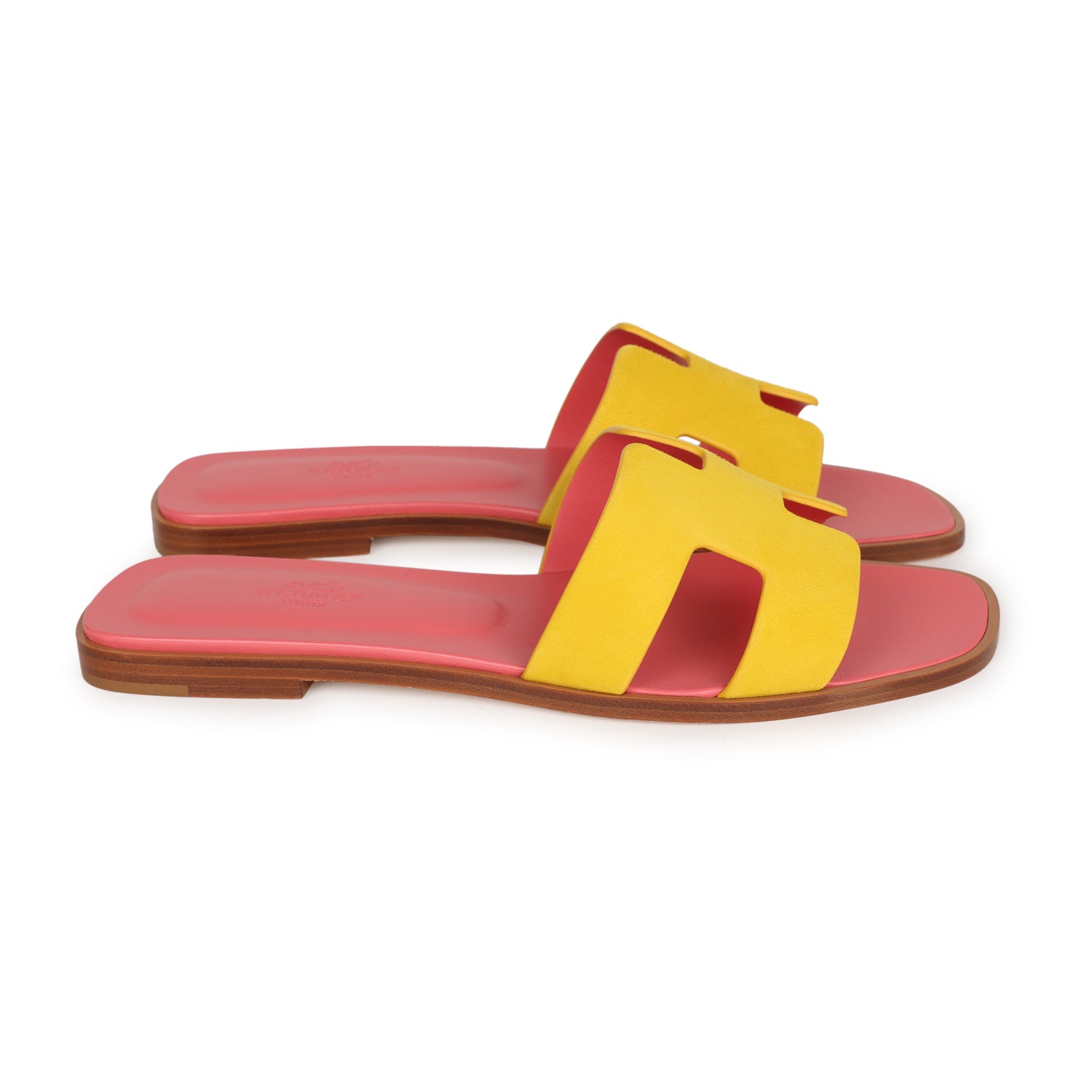 Hermes Oran Sandal Jaune Sable and Rose Azalee Suede Goatskin 38.5 EU