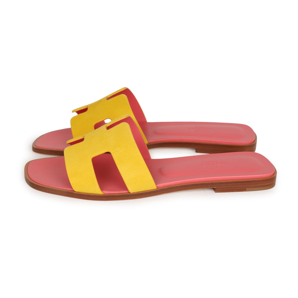 Hermes Oran Sandal Jaune Sable and Rose Azalee Suede Goatskin 38.5 EU