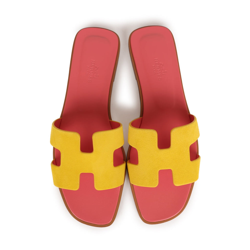 Hermes Oran Sandal Jaune Sable and Rose Azalee Suede Goatskin 38.5 EU