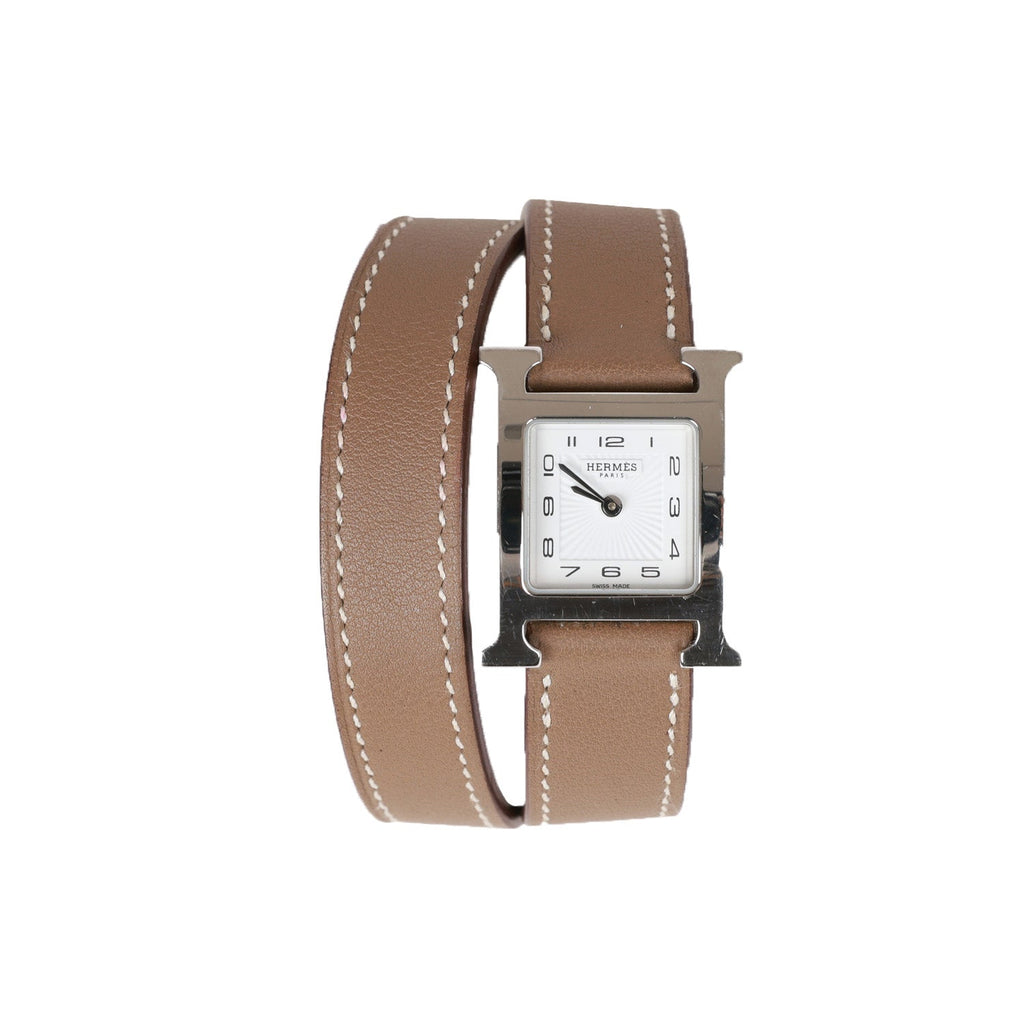 Pre-owned Hermes Mini Heure H Etoupe Swift Stainless Steel 21mm Double Tour Watch