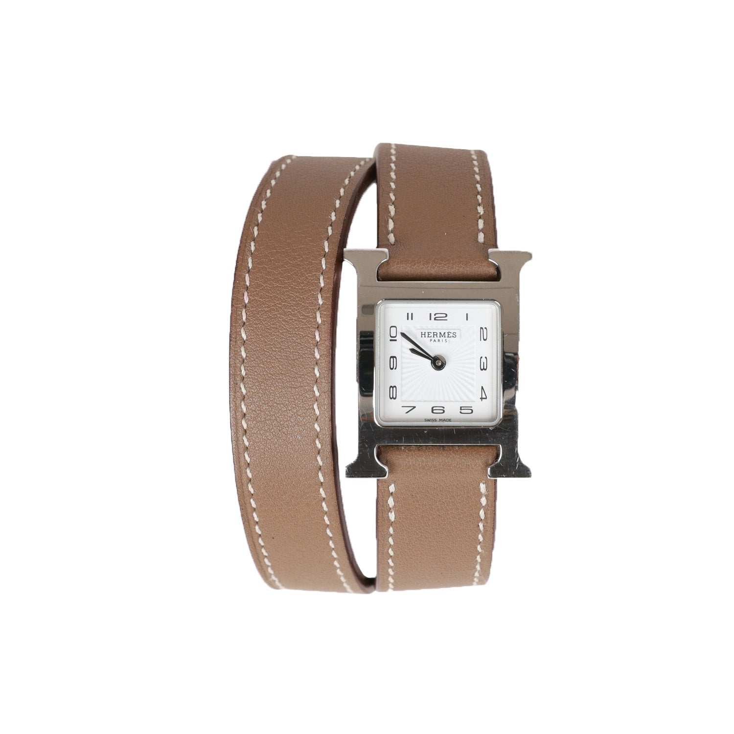 Pre-owned Hermes Mini Heure H Etoupe Swift Stainless Steel 21mm Double Tour Watch